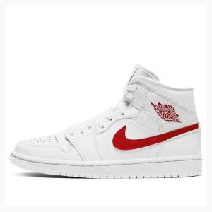 Air Jordan 1 Nike Mid 'White University Red' Zapatillas Baloncesto Mujer Blancas Rojas | JD-085GL