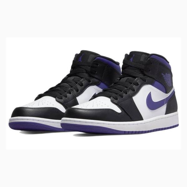 Air Jordan 1 Nike Mid Zapatillas Baloncesto Hombre Blancas Negras Moradas | JD-371YO