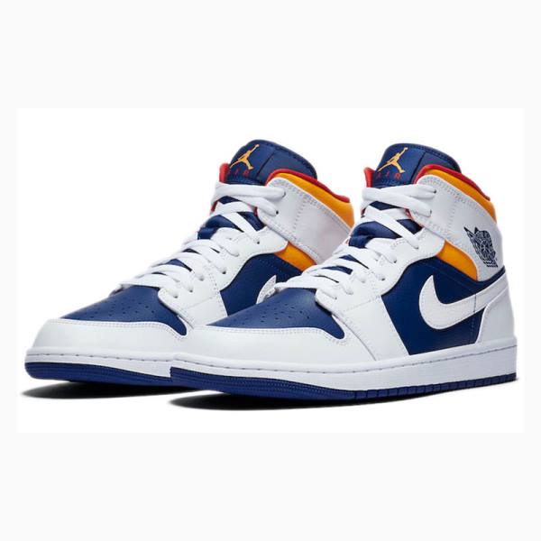 Air Jordan 1 Nike Mid Zapatillas Baloncesto Hombre Blancas Azules Naranjas | JD-893XM