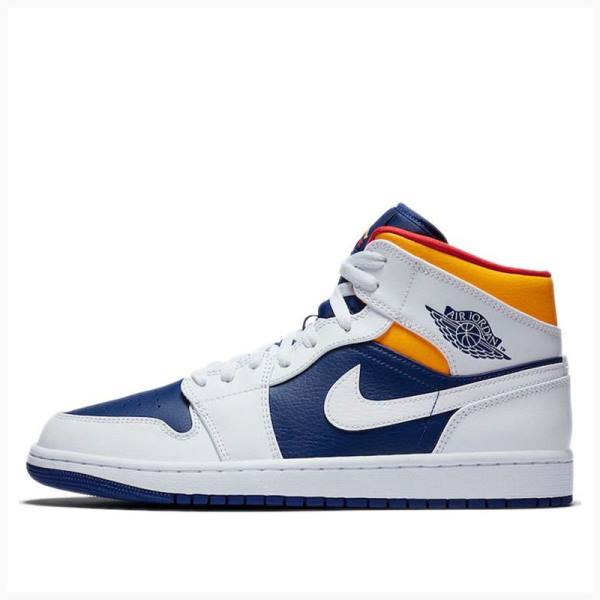 Air Jordan 1 Nike Mid Zapatillas Baloncesto Hombre Blancas Azules Naranjas | JD-893XM